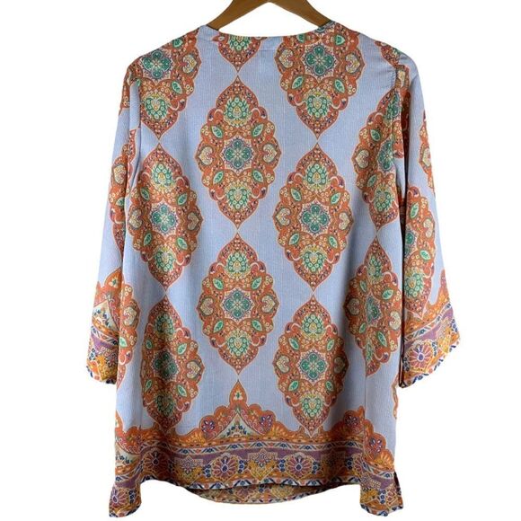 CYNTHIA ROWLEY- Blue and Orange Medallion Print Boho Tunic Top, Plus Size 1X - Picture 7 of 12
